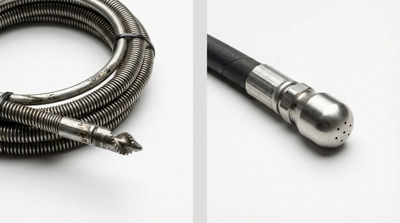 Drain snake cable and hydro jetting nozzle used for drain cleaning in Florida, NY