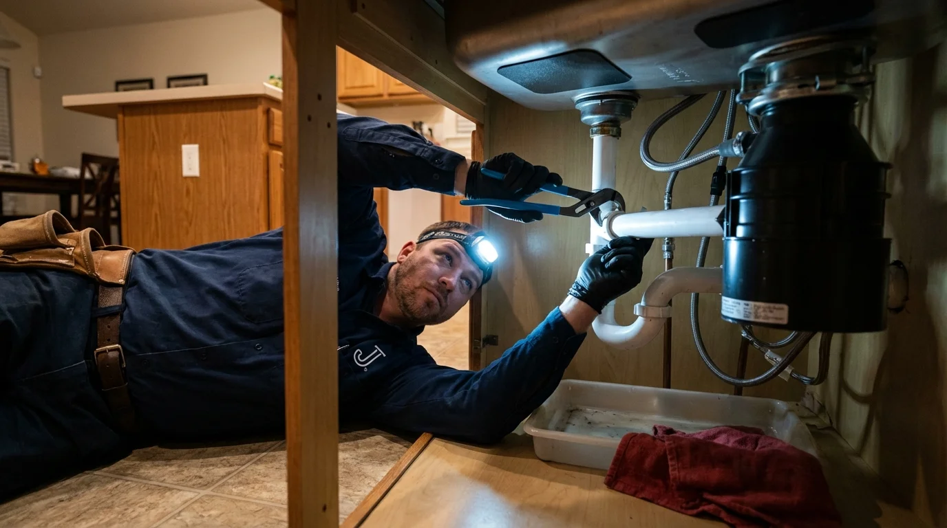 P-trap and supply line connections under a kitchen sink showing a common leak point in Florida, NY